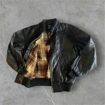 80s archive DeLuxe 안감 노바 체크 천연 가죽 봄버 자켓