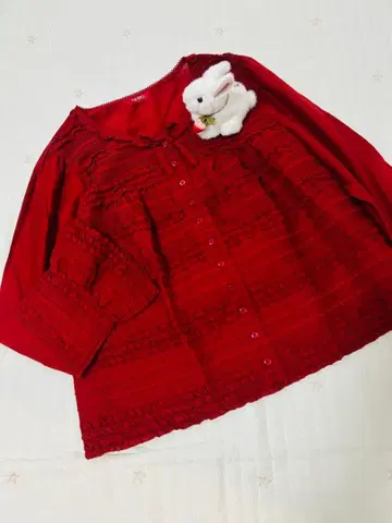 핑크하우스 빨간색 면 로운 블라우스 긴팔 피코프릴 리본 핀턱