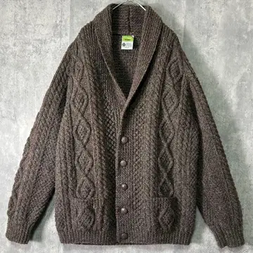 극상 아일랜드제 핸드 니트 가디건 아란 케이블 브라운