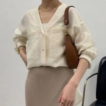 콜라주 개럴개런트 빈티지 느낌 시어 오픈 카라 셔츠 긴팔