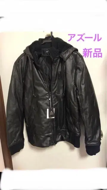 아즐 후드 부착 페이크 가죽 자켓 블랙 L 사이즈