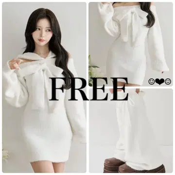 Darich 후디 오프숄더 니트 미니 원피스 화이트 FREE