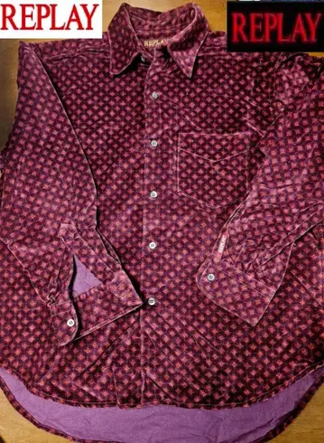 무료배송/컨디션 최상 REPLAY 기하학 패턴 적자색 L 사이즈 셔츠