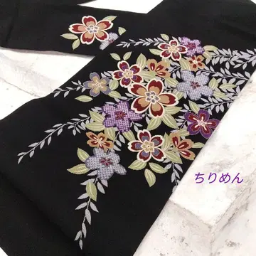 크레이프 원단 나고야 오비 늘어진 꽃 블랙 순수 실크 완성품 #1441