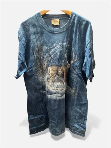 산과 사슴 그래픽 T셔츠 블루 사슴 M 코튼