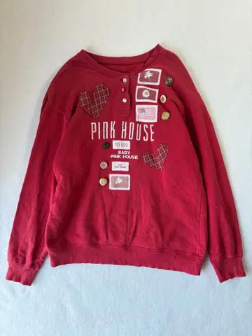 레어 디자인 PINK HOUSE 와펜 체크 버튼 빨간색 맨투맨 구제 의류