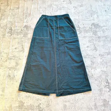 플레어 롱 스커트 M 그린 스티치 심플 캐주얼 허리밴딩