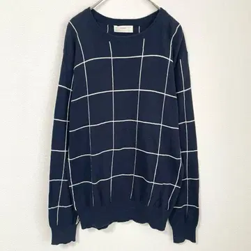 백넘버 캐시미어 혼방 크루넥 니트 네이비 격자무늬 체크 L