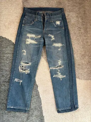 데미지 데님 팬츠 라이트 블루 루즈핏