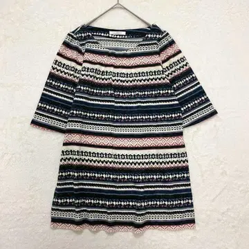 미미카 페어아일 패턴 니트 튜닉 / 7부 소매 A라인 페미닌 귀여운