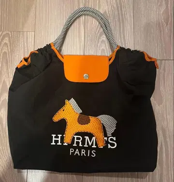 말 자수 나일론 토트백 블랙/오렌지