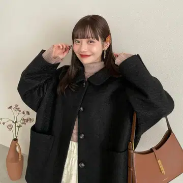 hinari 스탠 칼라 샤기 미들 코트 블랙 택 포함 미개봉 새상품