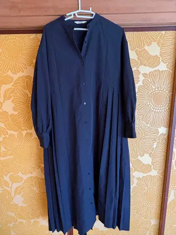 BEAMS HEART 네이비 셔츠 원피스 긴팔 플리츠 원피스