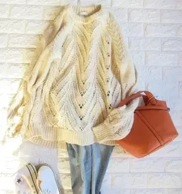 CLANE 클라네 오버 사이즈 시스루 짜임 케이블 니트 에크루