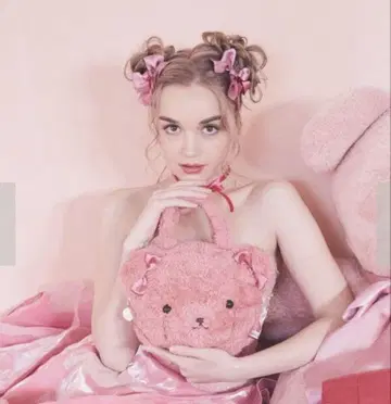 미사용 메종 드 플뢰르 핑 곰 토트백 퍼 발렌타인