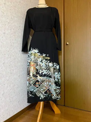 기모노 리메이크 블랙 꽃무늬 롱 원피스 긴팔