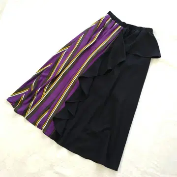 롱 스커트 절개 스트라이프 허리밴딩 플레어 블랙 보라색