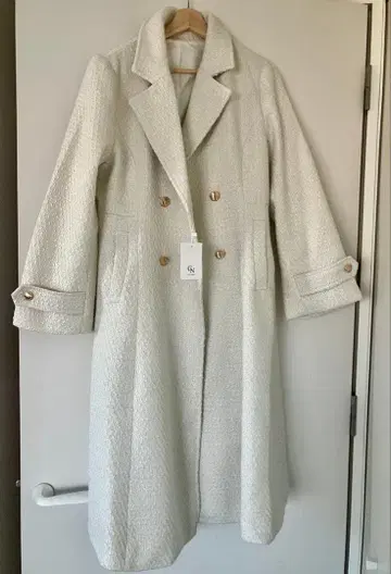 택 포함 미사용 CENEA 허리 쉐이프 트위드 롱 코트 L 아이보리