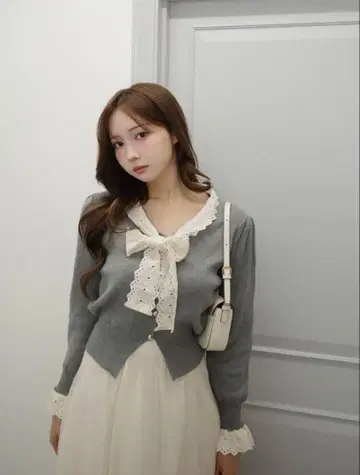 레이스 리본 보타이 니트 가디건