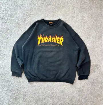 00s Thrasher 프레임 로고 보로 맨투맨 페이드 블랙