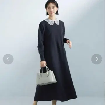 옷깃 레이스 2way 니트 원피스 네이비