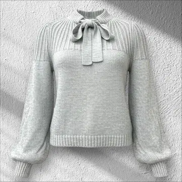 벌룬 슬리브 니트 그레이 리본 포근하고 가벼운 니트 오피스 캐주얼