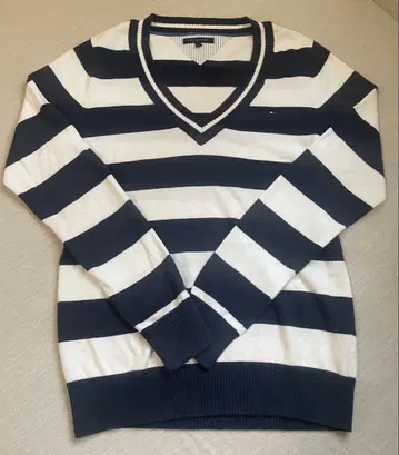 TOMMY HILFIGER 스웨터 네이비 화이트 보더 V넥