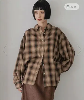 LOWRYSFARM 브라운 계열 체크 오버 사이즈 셔츠 FREE