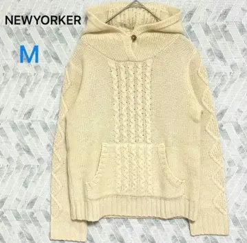 뉴요커 케이블 짜임 후드 부착 니트 두툼한 울 (M) 캥거루 포켓