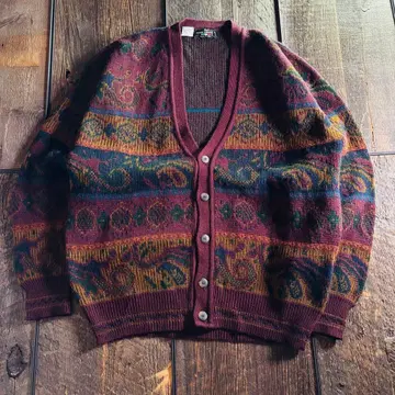 구제 의류 유로 빈티지 총 패턴 니트 가디건 크림슨 페이즐리 L