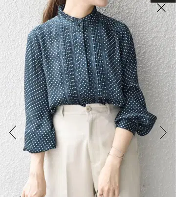 SHIPS 도트/솔리드 프릴 핀턱 레이스 블라우스 네이비