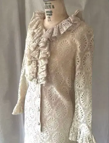US 60s 빈티지 아이보리 전체 레이스 프릴 칼라 원피스 긴팔