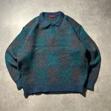 빈티지 올 패턴 네이비 기하학 무늬 레트로 니트 피케 셔츠