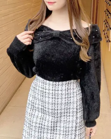 INGNI 펄 장식 프론트 리본 페더 니트 블랙