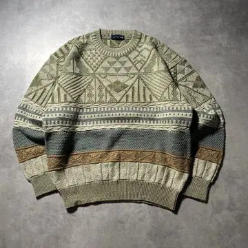빈티지 그린 보더 절개 케이블 노르딕 니트