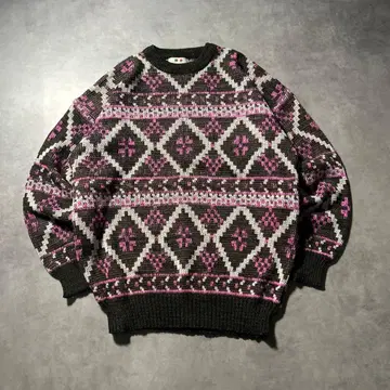 빈티지 올 패턴 깅엄 기하학 무늬 핑크 카키 니트 스웨터
