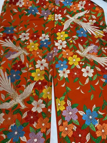 주홍색에 꽃과 새 자수 후쿠로 오비 순수 실크