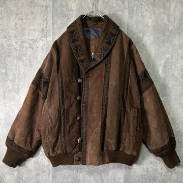 극강의 멋 스페인산 가죽 니트 절개 블루종 브라운 충전솜