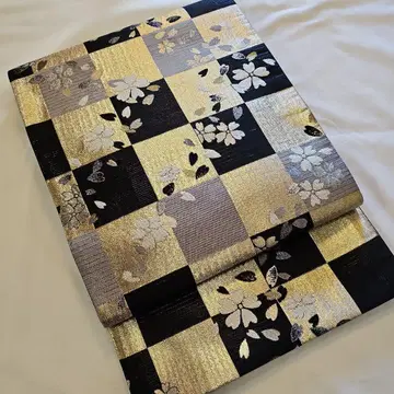 후쿠로 오비 벚꽃 문양 체크 패턴 후리소데 무대 순수 실크 금채