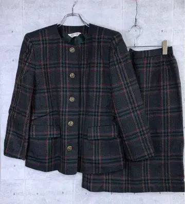 쇼와 레트로 구제 의류 체크 무늬 트위드 노카라 자켓 스커트 수트