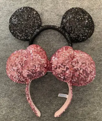 디즈니 머리띠 스팽글 리본 핑크 블랙 미키미니 페어