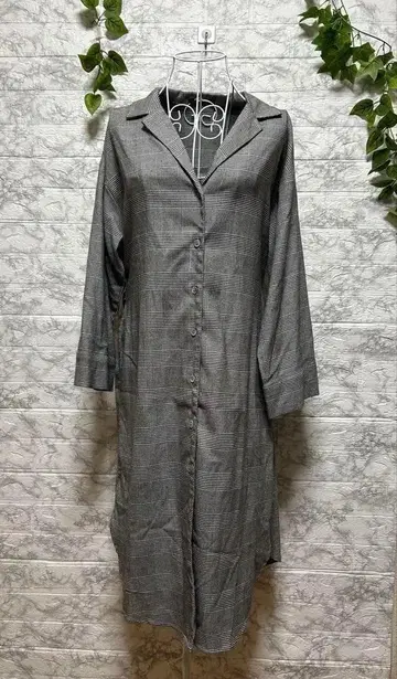 원웨이 체크 무늬 롱 코트 M 허리 조임 그레이