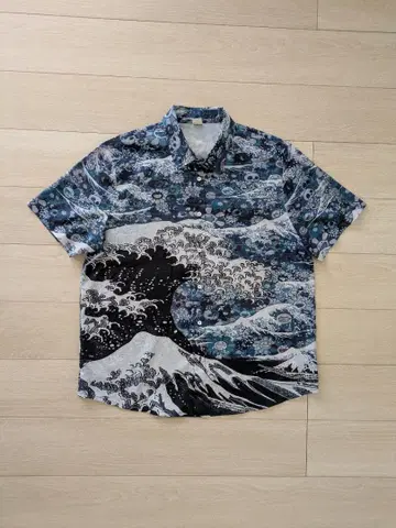 반팔 하와이안 셔츠 가쓰시카 호쿠사이 플라워 스컬 패턴 빅 웨이브 XXL