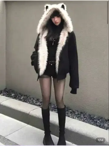 Y2K 후드 부착 고양이 귀 점퍼 블루종 퍼 자켓 SHEIN