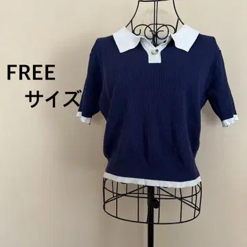 [여성용] 반팔/상의/카라 부착/피케 셔츠/네이비/네이비/리브/심플