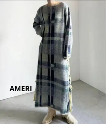 AMERI BIG CHECK LACE UP KNIT DRESS