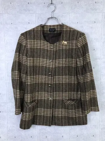 레트로 구제 의류 체크 무늬 트위드 노카라 자켓 코알라 브로치 포함