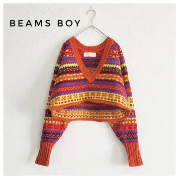 새상품급 BEAMS BOY 보이 페어아일 V넥 니트 오렌지