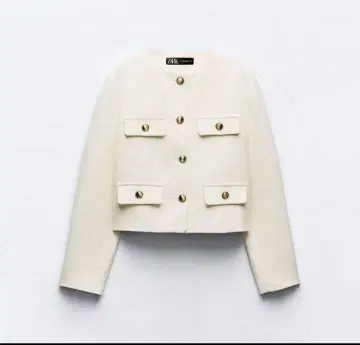 ZARA 라운드넥 피케 블레이저 노카라 자켓 화이트