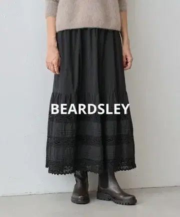 비어즐리 플라워 레이스 3단 플레어 스커트 블랙